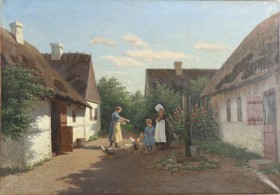 Alfred Larsen. Farm exterior with women and chickens. Oil on canvas