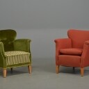 To lænestole, grøn velour / rosa uldstof, 1950'erne (2)