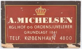 Håndmalet dobbelt butiksskilt af træ, A. Michelsen og Margarinefabriken Kronborg, 1940'erne