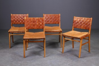 Fire stole af teak, sæde og ryg med flettet læder (4)