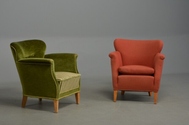To lænestole, grøn velour / rosa uldstof, 1950'erne (2)
