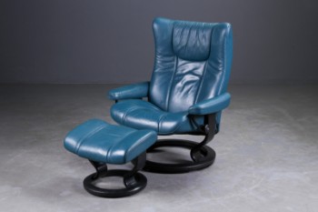 Ekornes / Stressless lænestol med skammel, bejdset træ / blågrønt læder (2)