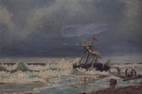 Unknown artist, late 19th century: Fishermen in surf