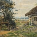 A. Thounfild, olie på lærred, 'Et bondehus fra Korsbækegnen'