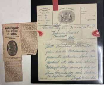 ROYAL. Interessant dobbeltside fra specialsamling med bl.a. spændende staststelegram og brev til Hr. Generalkonsul L. Tegner.