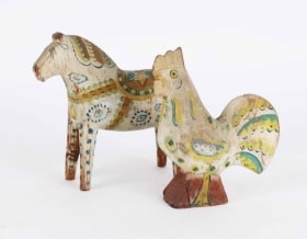 Early and painted horse and rooster from Dalarne in Sweden from the 19th century. (2)