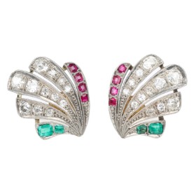 A pair of 14 kt diamond, emerald and ruby ??stud earrings. gold. (2)