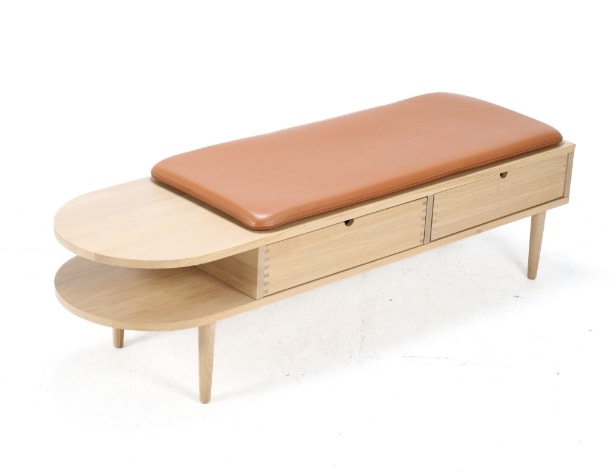 Mot & Bergstrøm for FDB: 'Radius' bench made of solid oak, model F24 with leather cushions