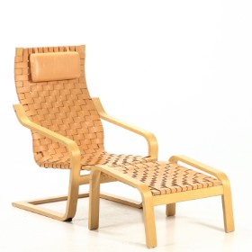 Ikea. Noboru Nakamura. Armchair w/ stool, model Poäng, grain leather. (2)