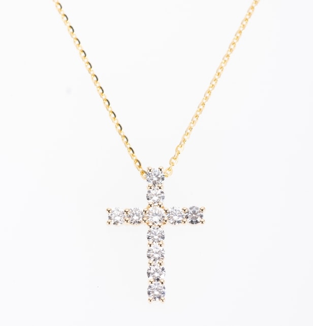 Cross pendant with lab-created diamonds, approx. 1.00 ct, with 14 kt necklace