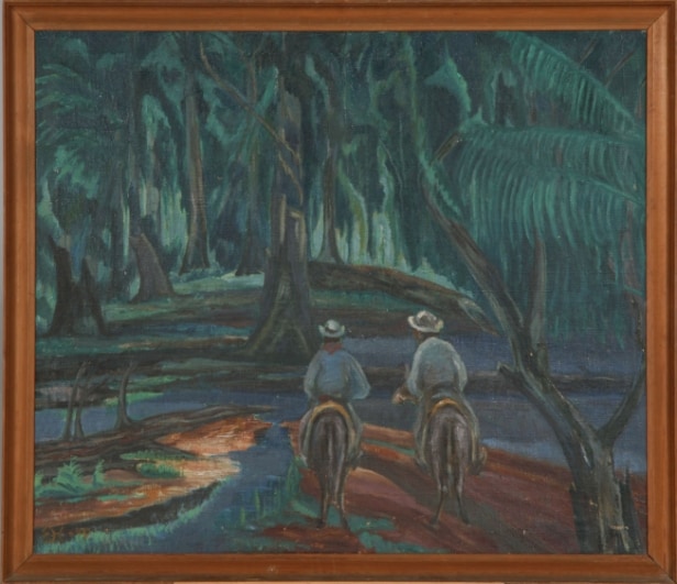 Ubekendt kunstner. Ryttere i skov
