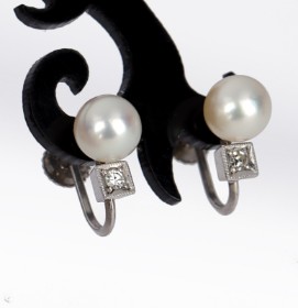 Robert Valentin Olsen. A pair of vintage pearl and diamond stud earrings of 14 kt. white gold (2)