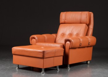 Lænestol / loungestol med skammel, cognacfarvet læder, 1970erne (2)