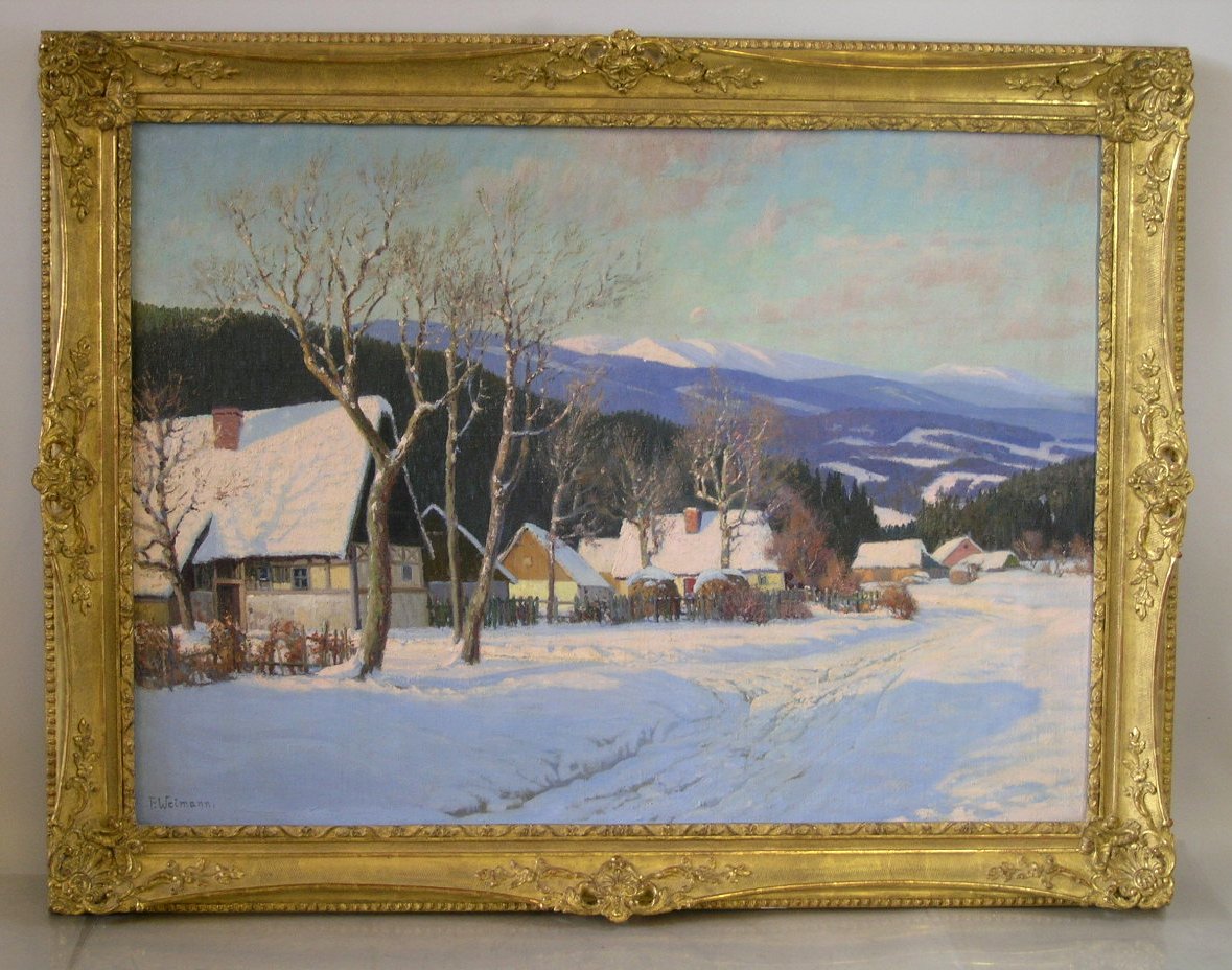 Paul Weimann 1867-1945, 'Winterlandschaft mit Häusern vor Bergpanorama ...