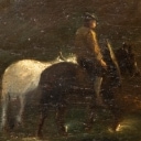 Ubekendt kunstner. Hesterytter krydser et vadested, 19 årh.