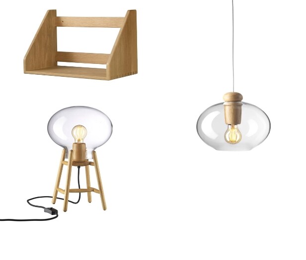 971 + 966. Børge Mogensen and Philip Bro for FDB. B5 shelf and Hiti pendant and table lamp, oak (5 boxes)