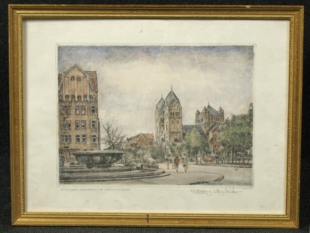 C. Heinz Stricker, 'Düsseldorf-Oberkassel, St. Antoniuskirche', Radierung aquarelliert, Anfang 20. Jh.