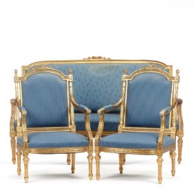 Fransk salon møblement i Louis XVI-stil, bestående af sofa samt to armstole, ca. 1900 (3)