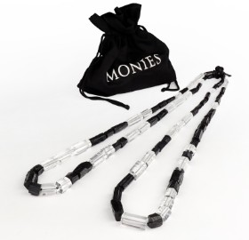 MONIES. Double-rowed long necklace of sanded clear acrylic, leather and rustically sanded black kamagong wood