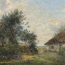 A. Thounfild, olie på lærred, 'Et bondehus fra Korsbækegnen'