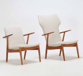 His electrical Kurt Olsen, attributed: High-backed and low-backed teak and oak armchair, 1950s (2)