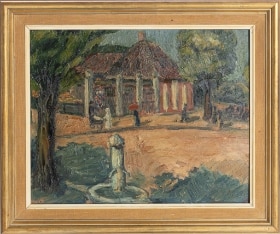 J. Ald.?: Parti fra Frederiksberg Have, olie på malerpap, ca. 1900