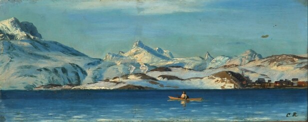 I.E.C. Rasmussen. Solbeskinnet grønlandsk fjordlandskab ved Nuuk med fanger i kajak, i baggrunden bygd