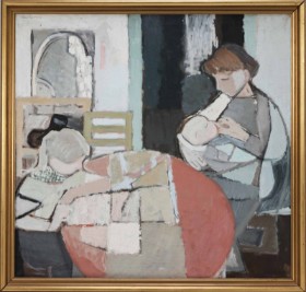 Arne A. Hansen (1922-2009): Interior with mother and children, oil on canvas