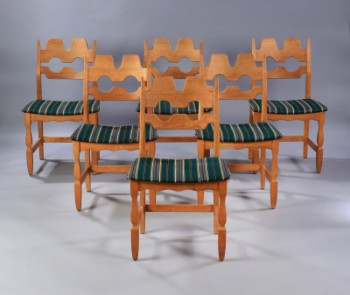 Henry Kjærnulf for Nyrup Møbelfabrik. Sæt på seks stole af egetræ, model 54 - Razorblade (6)