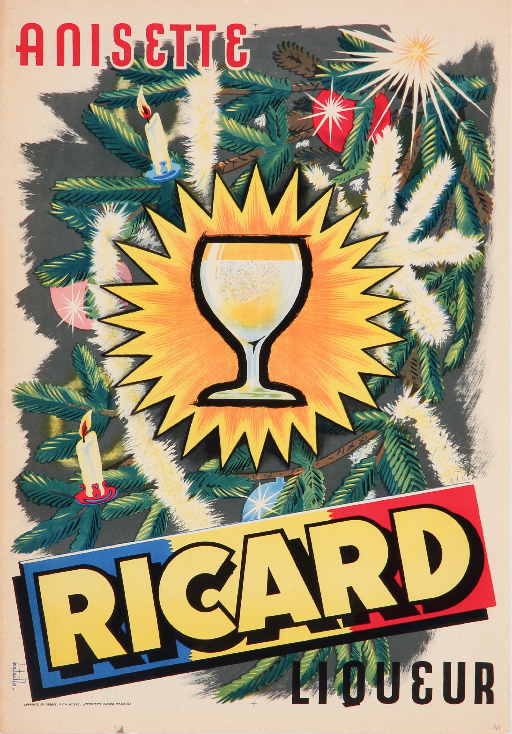Bataille. Small, French poster, 'Ricard Anisette Liquer', approx. 1950