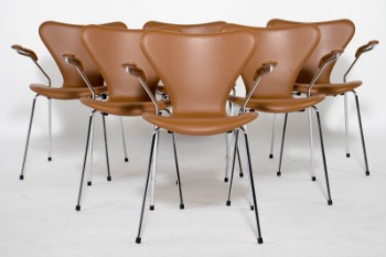 Arne Jacobsen. Et sæt på seks armstole Syveren, model 3207, Cognacfarvet læder. (6)