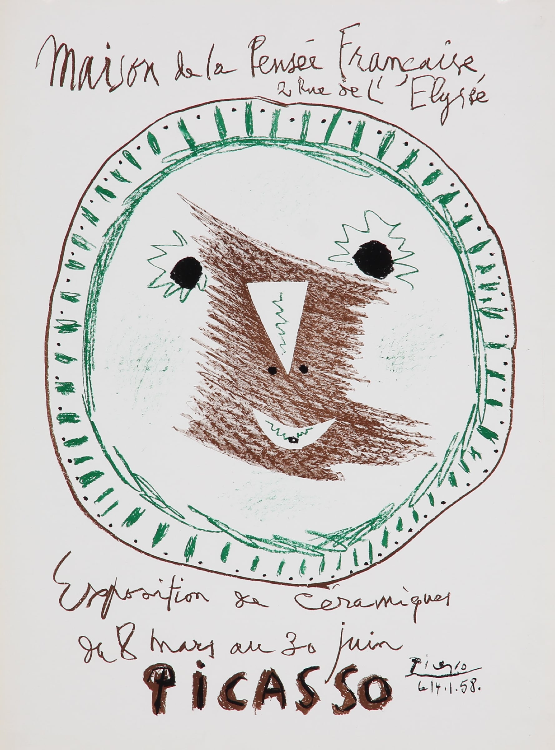Pablo Picasso. Lithographic exhibition poster, 'Exposition de Céramiques', 2nd version, 1958