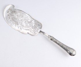 Silver fish serving spade with hunting motif, mixed style period, master Johan Heinrich Otto, Copenhagen 1845