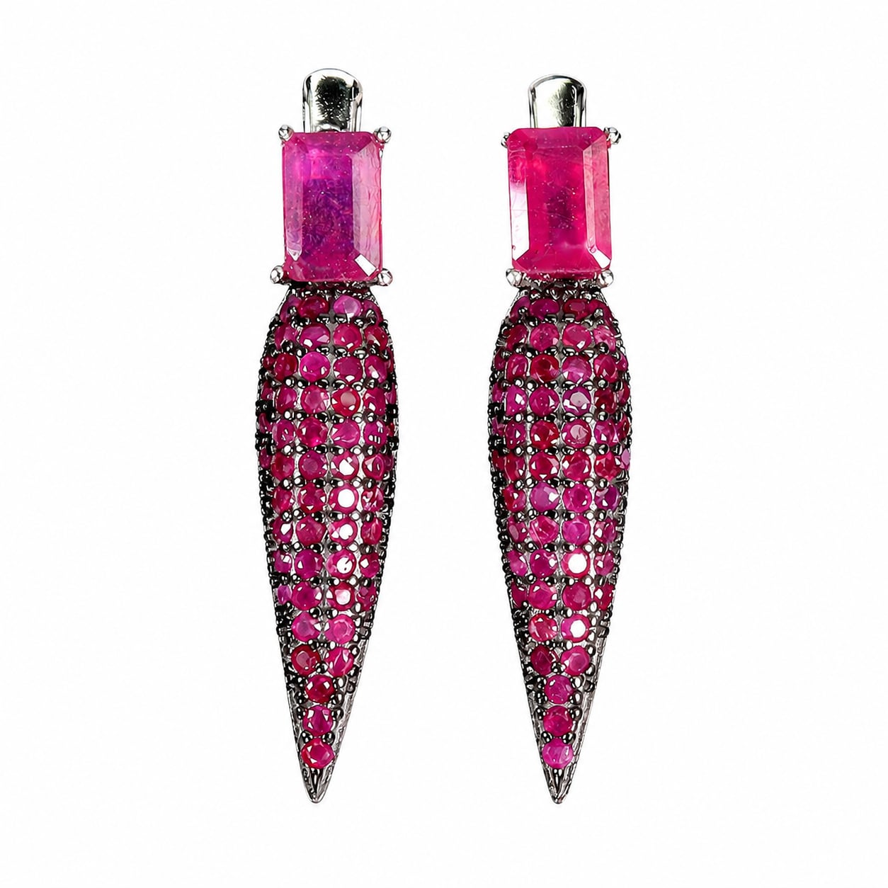 Earrings in rhodium-plated sterling silver with emerald-cut rubies and numerous rubies