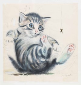 Verner Mynch (b. 1921): Koimposition with cat and spider, watercolor on paper (cd)