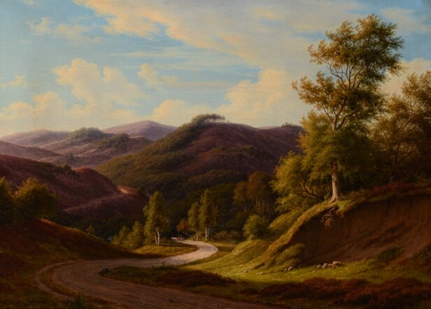 Ubekendt maler, 1800-tallet. Dansk landskab med lyngbakker og køretøj.