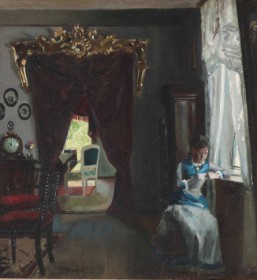 Peder Mønsted (1859-1941): Interiør med Johanne Christiansen siddende ved vinduet, 1885