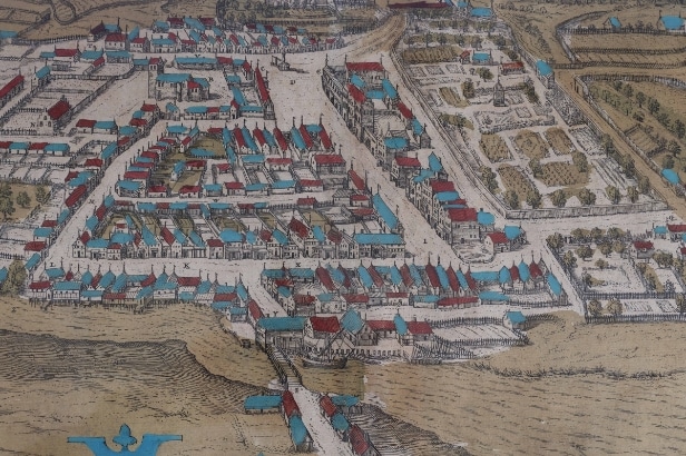 Prospectus of Kolding with Koldinghus. Original colored copper engraving.