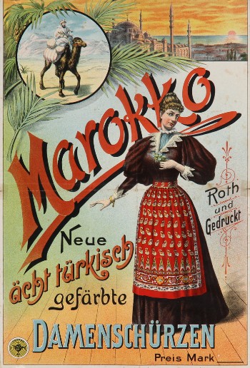 Tysk, original plakat, Marokko. Neue ächt türkisch gefärbte Damenschürzen, ca. 1880erne