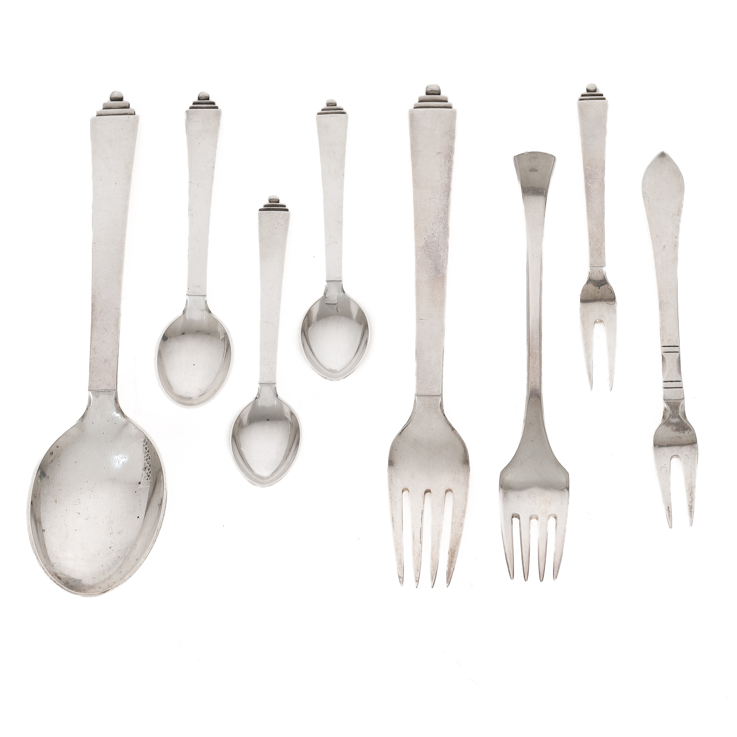 Georg Jensen and Hans Hansen: Silver cutlery with 8 parts.