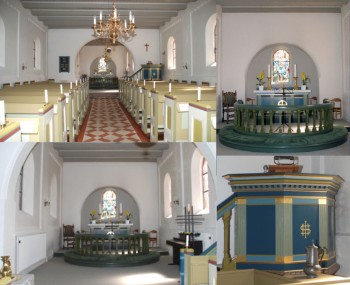 Inventar fra dansk kirke bestående af alter, bænke, knæfald kors m.m