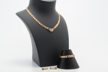 Smykkesæt med cubic zirkonia, halskæde, armlænke og par ørestikker, 14 kt. guld