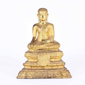 Bronzed metal Buddha figure seated on throne. Thailand 1900s.