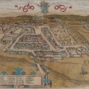 Prospectus of Kolding with Koldinghus. Original colored copper engraving.