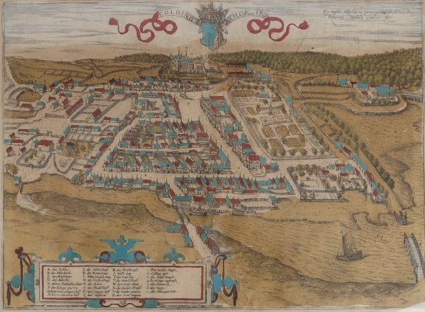 Prospectus of Kolding with Koldinghus. Original colored copper engraving.