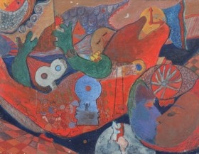 Franco Renzulli (f. 1924): Surrealistisk komposition, mixed media på spånplade (CD)