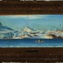 I.E.C. Rasmussen. Solbeskinnet grønlandsk fjordlandskab ved Nuuk med fanger i kajak, i baggrunden bygd