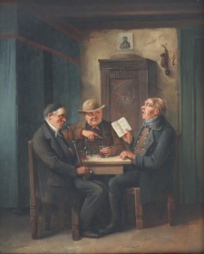 Christian Andreas Schleisner (1810-1882): Tre mænd om et bord, signeret