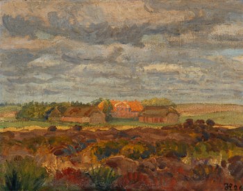 Johannes Larsen. Landschaft mit größerem Bauernhof. Öl auf Leinwand. CD