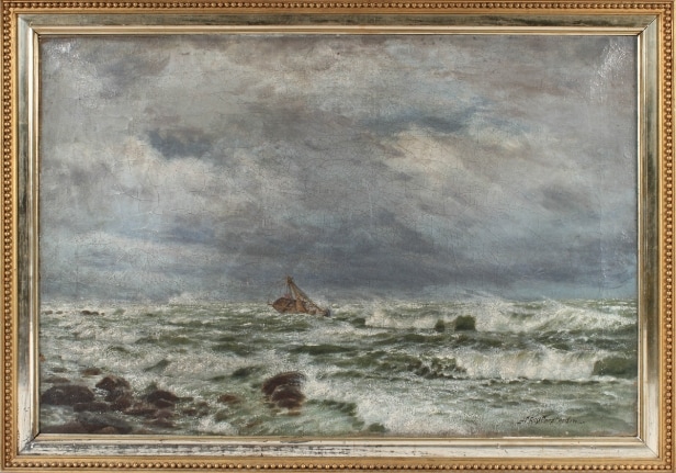 Andreas Riis Carstensen. Norwegian sloop in distress at the rocky coast. Oil on canvas
